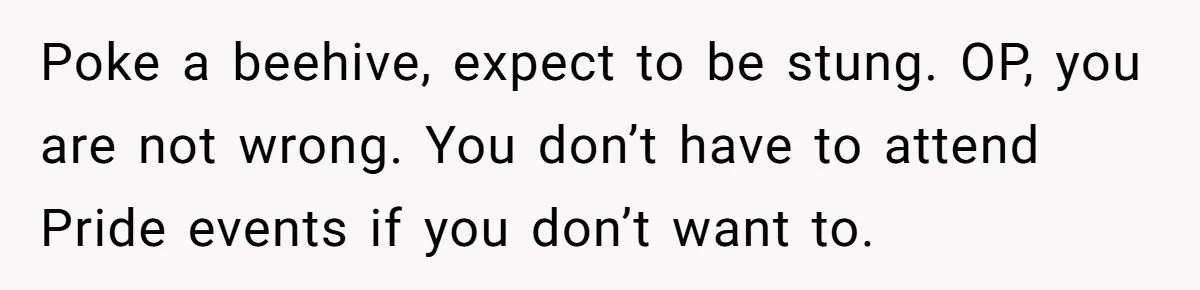 Poke a beehive, expect to be stung. OP, you are not wrong. You don’t have to attend Pride events if you don’t want to.