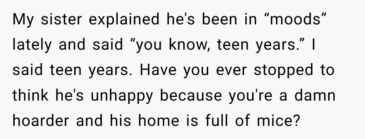 My sister explained he's been in “moods” lately and said “you know, teen years.” I said teen years. Have you ever stopped to think he's unhappy because you're a damn...