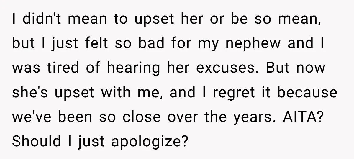 I didn't mean to upset her or be so mean, but I just felt so bad for my nephew and I was tired of hearing her excuses. But now she's...