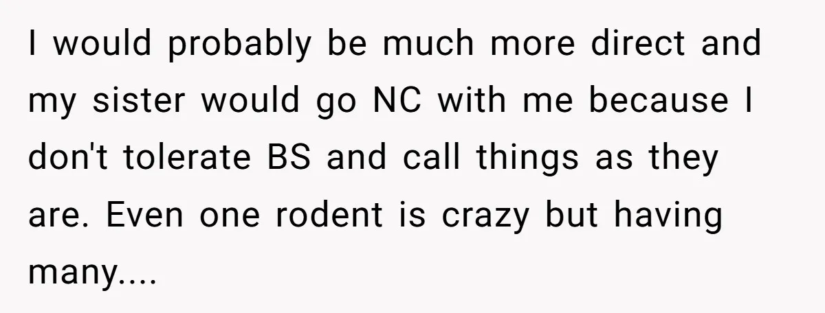 I would probably be much more direct and my sister would go NC with me because I don't tolerate BS and call things as they are. Even one rodent is...