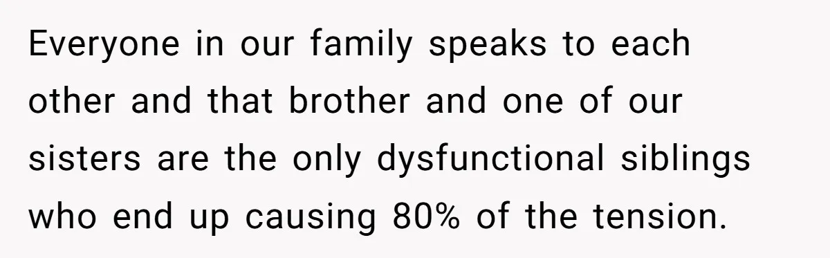 Everyone in our family speaks to each other and that brother and one of our sisters are the only dysfunctional siblings who end up causing 80% of the tension.