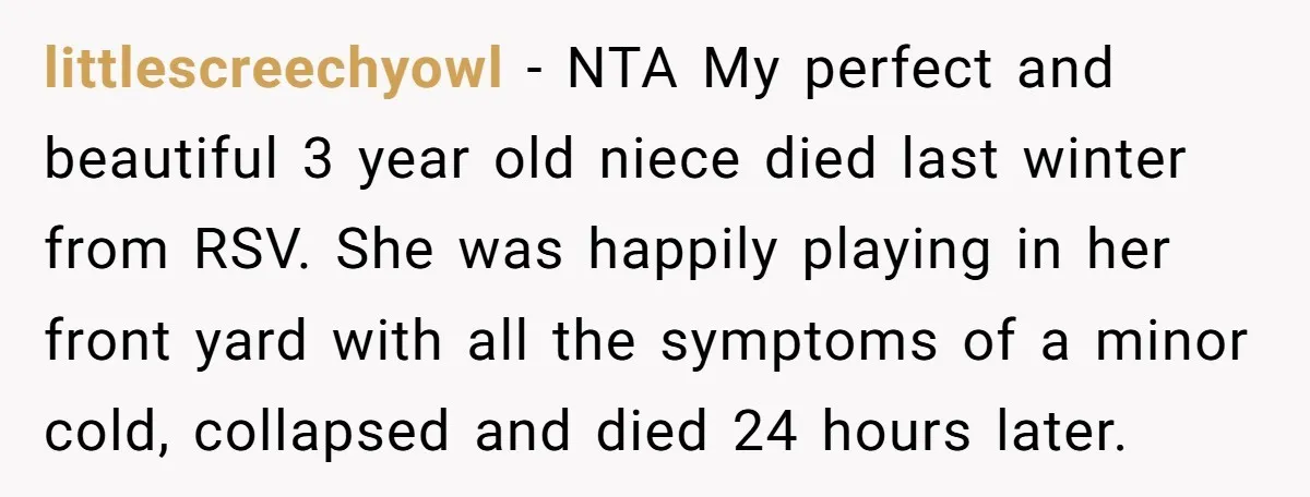 littlescreechyowl − NTA My perfect and beautiful 3 year old niece died last winter from RSV. She was happily playing in her front yard with all the symptoms of a...