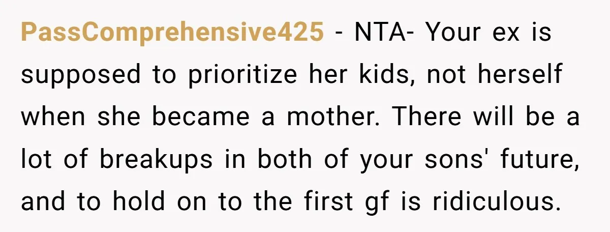 PassComprehensive425 − NTA- Your ex is supposed to prioritize her kids, not herself when she became a mother. There will be a lot of breakups in both of your sons'...