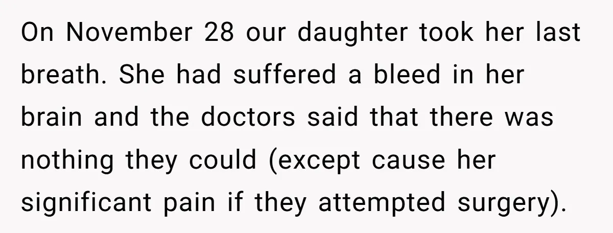 On November 28 our daughter took her last breath. She had suffered a bleed in her brain and the doctors said that there was nothing they could (except cause her...