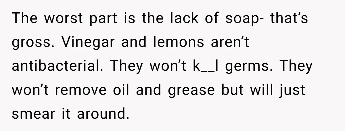 The worst part is the lack of soap- that’s gross. Vinegar and lemons aren’t antibacterial. They won’t k__l germs. They won’t remove oil and grease but will just smear it...