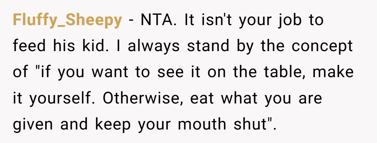 Fluffy_Sheepy − NTA. It isn't your job to feed his kid. I always stand by the concept of "if you want to see it on the table, make it yourself....