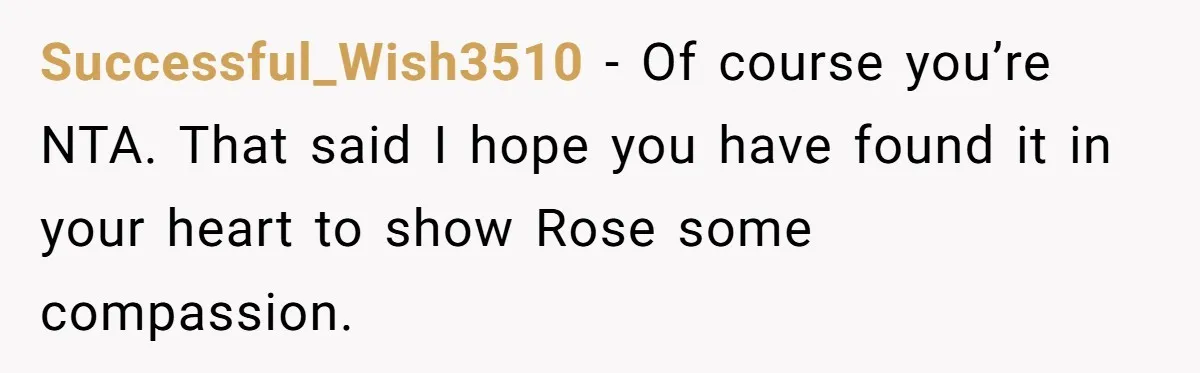Successful_Wish3510 − Of course you’re NTA. That said I hope you have found it in your heart to show Rose some compassion.