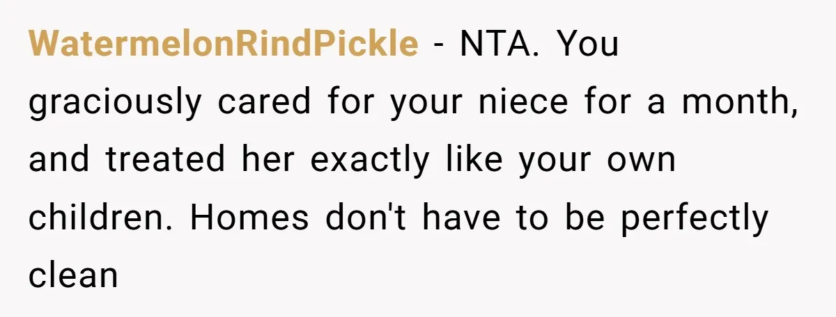 WatermelonRindPickle − NTA. You graciously cared for your niece for a month, and treated her exactly like your own children. Homes don't have to be perfectly clean