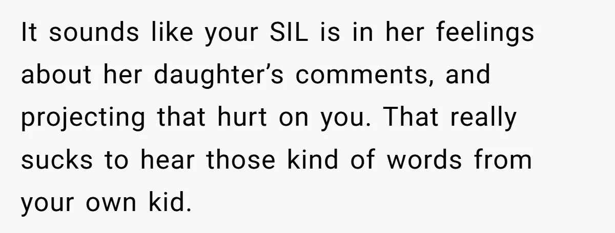 It sounds like your SIL is in her feelings about her daughter’s comments, and projecting that hurt on you. That really sucks to hear those kind of words from your...