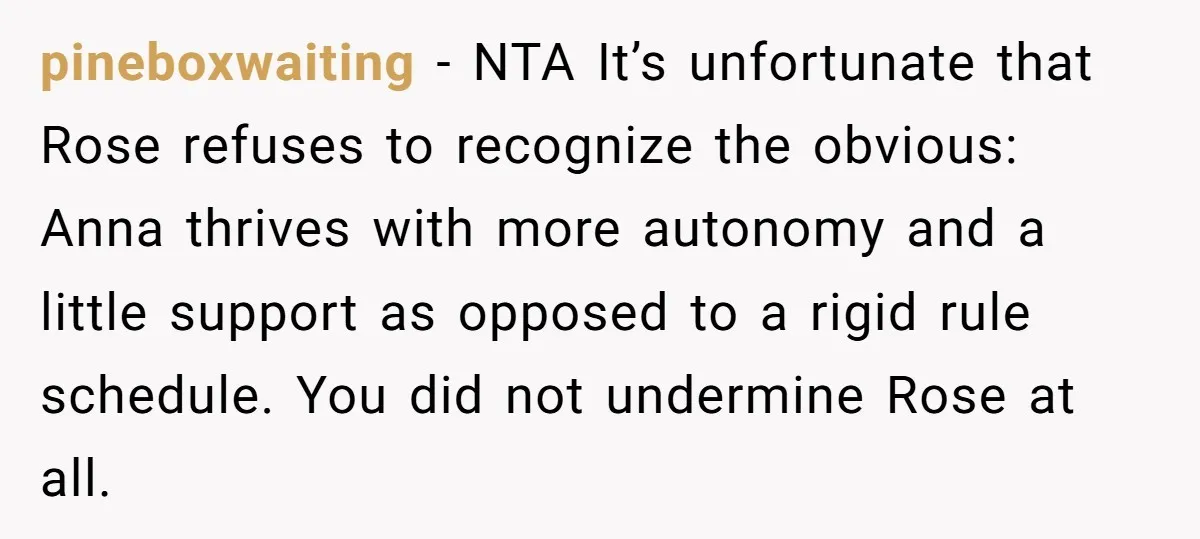 pineboxwaiting − NTA It’s unfortunate that Rose refuses to recognize the obvious: Anna thrives with more autonomy and a little support as opposed to a rigid rule schedule. You did...