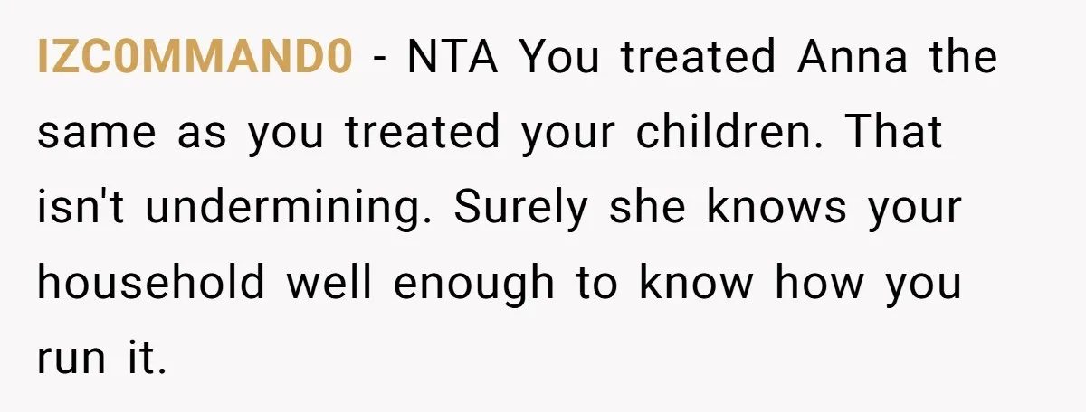 IZC0MMAND0 − NTA You treated Anna the same as you treated your children. That isn't undermining. Surely she knows your household well enough to know how you run it.