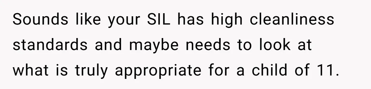 Sounds like your SIL has high cleanliness standards and maybe needs to look at what is truly appropriate for a child of 11.