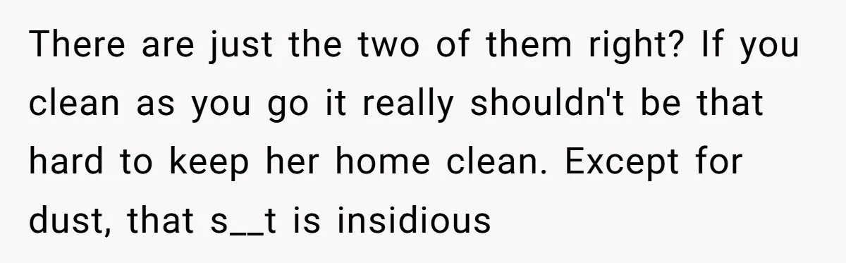 There are just the two of them right? If you clean as you go it really shouldn't be that hard to keep her home clean. Except for dust, that s__t...
