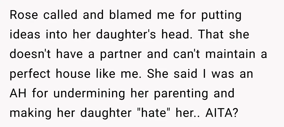 Rose called and blamed me for putting ideas into her daughter's head. That she doesn't have a partner and can't maintain a perfect house like me. She said I was...