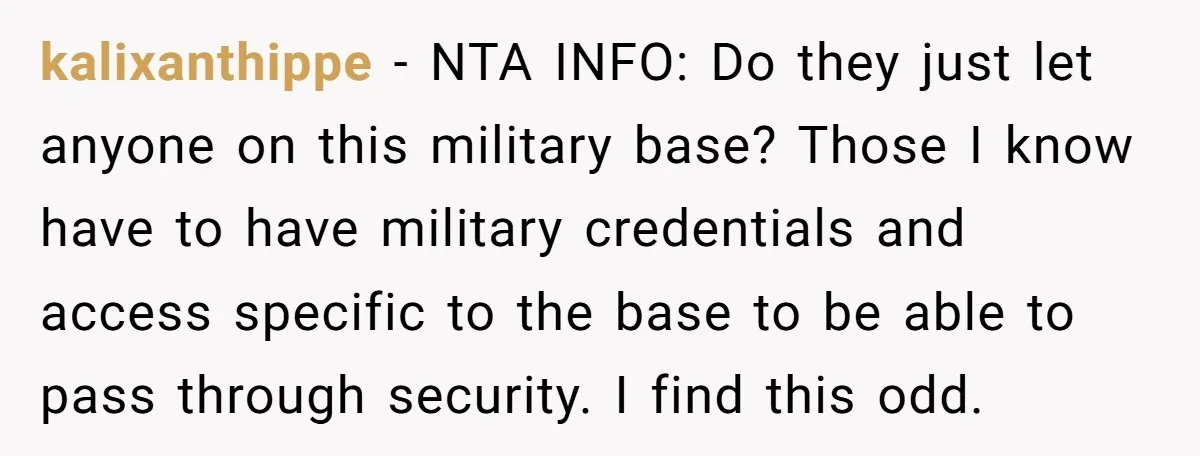 kalixanthippe − NTA INFO: Do they just let anyone on this military base? Those I know have to have military credentials and access specific to the base to be able...