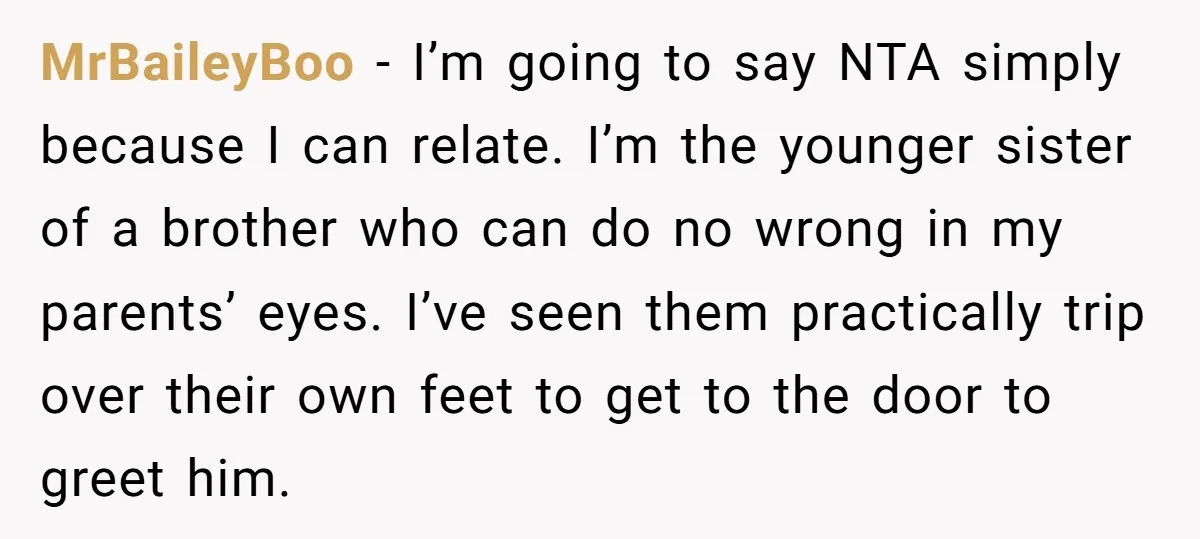 MrBaileyBoo − I’m going to say NTA simply because I can relate. I’m the younger sister of a brother who can do no wrong in my parents’ eyes. I’ve seen...