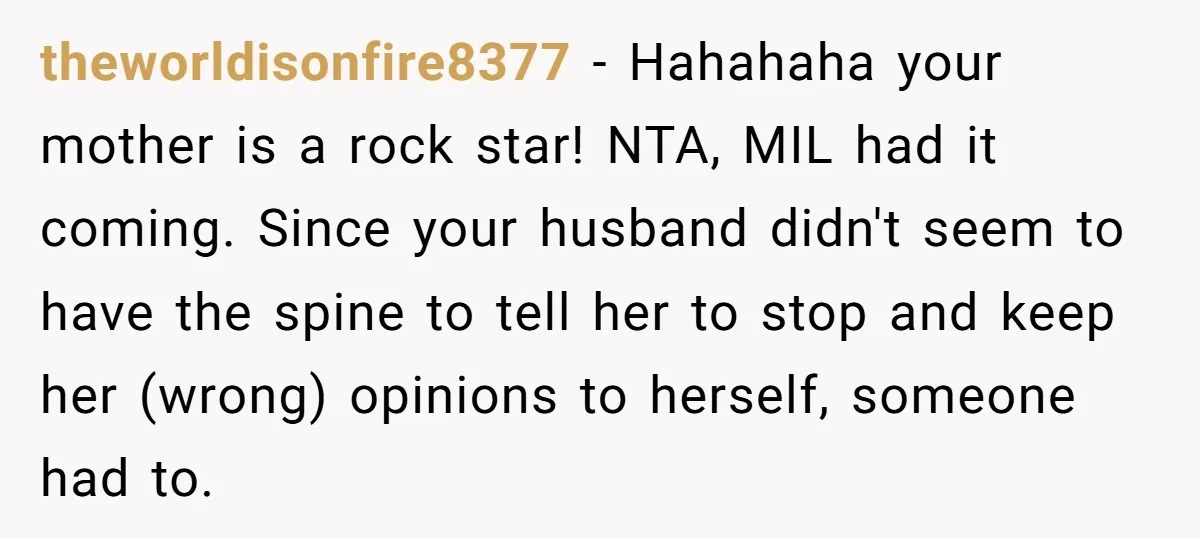 theworldisonfire8377 − Hahahaha your mother is a rock star! NTA, MIL had it coming. Since your husband didn't seem to have the spine to tell her to stop and keep...