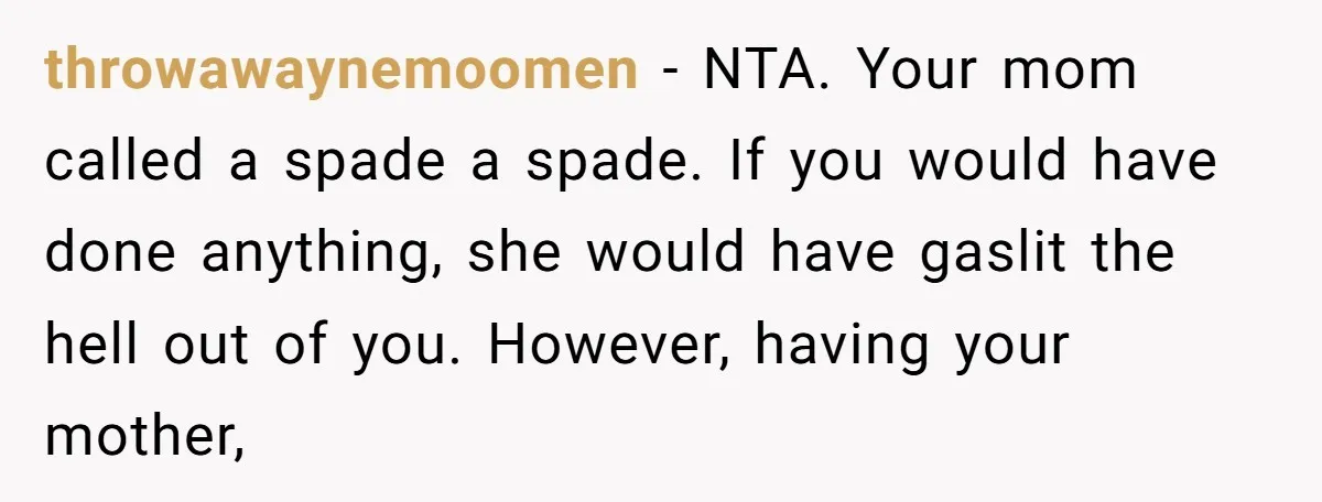 throwawaynemoomen − NTA. Your mom called a spade a spade. If you would have done anything, she would have gaslit the hell out of you. However, having your mother,