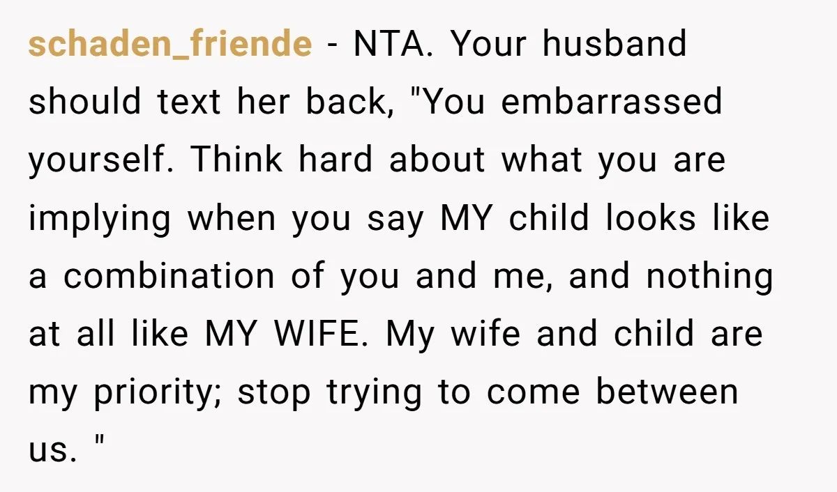 schaden_friende − NTA. Your husband should text her back, "You embarrassed yourself. Think hard about what you are implying when you say MY child looks like a combination of you...