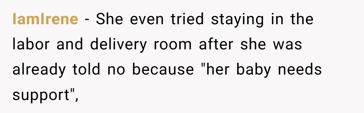 IamIrene − She even tried staying in the labor and delivery room after she was already told no because "her baby needs support",