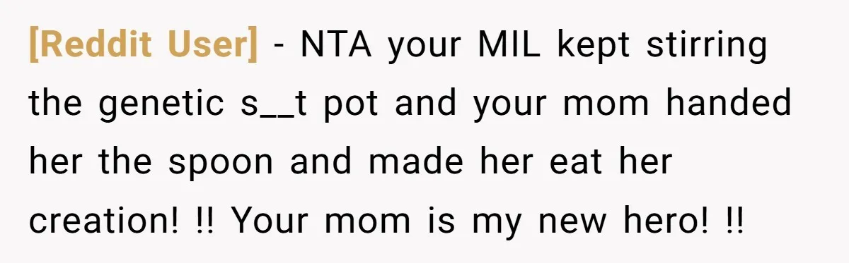 [Reddit User] − NTA your MIL kept stirring the genetic s__t pot and your mom handed her the spoon and made her eat her creation! !! Your mom is my...