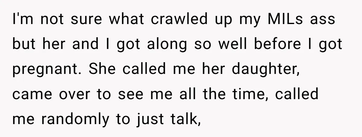 I'm not sure what crawled up my MILs ass but her and I got along so well before I got pregnant. She called me her daughter, came over to see...
