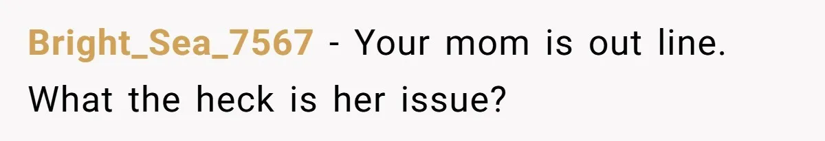 Bright_Sea_7567 − Your mom is out line. What the heck is her issue?