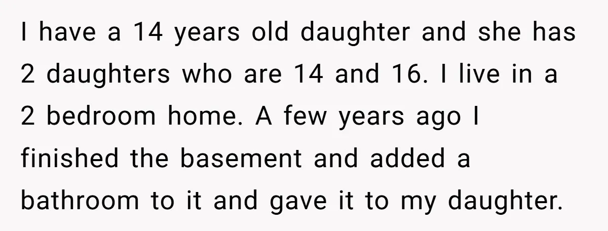I have a 14 years old daughter and she has 2 daughters who are 14 and 16. I live in a 2 bedroom home. A few years ago I finished...