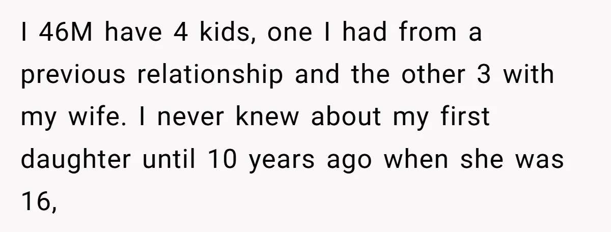I 46M have 4 kids, one I had from a previous relationship and the other 3 with my wife. I never knew about my first daughter until 10 years ago...