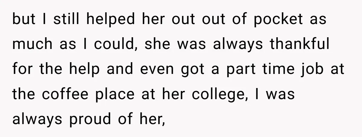 but I still helped her out out of pocket as much as I could, she was always thankful for the help and even got a part time job at the...