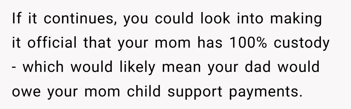 If it continues, you could look into making it official that your mom has 100% custody - which would likely mean your dad would owe your mom child support payments.
