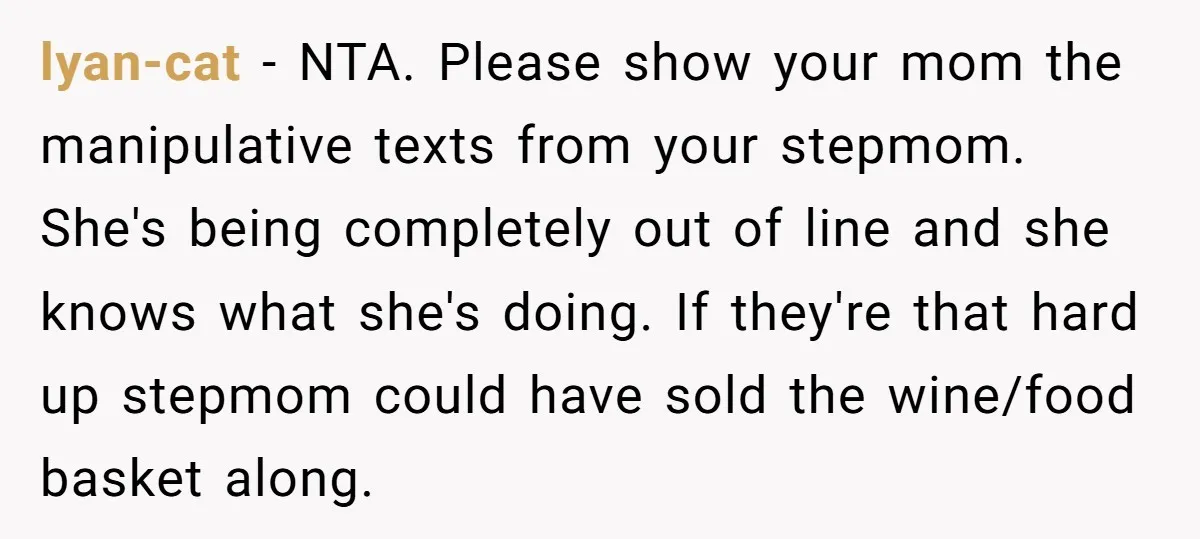 lyan-cat − NTA. Please show your mom the manipulative texts from your stepmom. She's being completely out of line and she knows what she's doing. If they're that hard up...