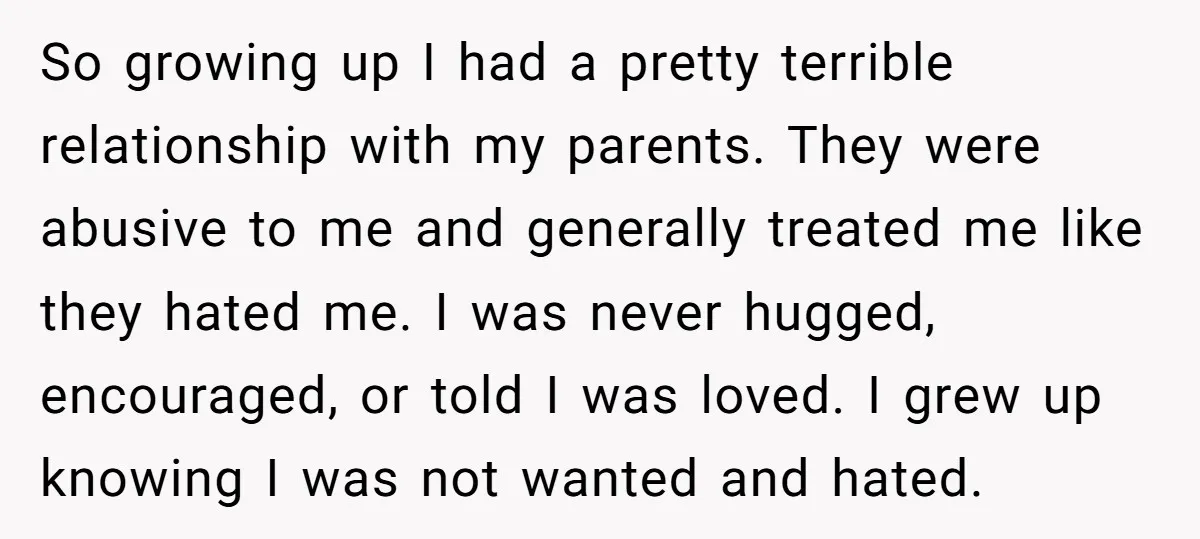 So growing up I had a pretty terrible relationship with my parents. They were abusive to me and generally treated me like they hated me. I was never hugged, encouraged,...