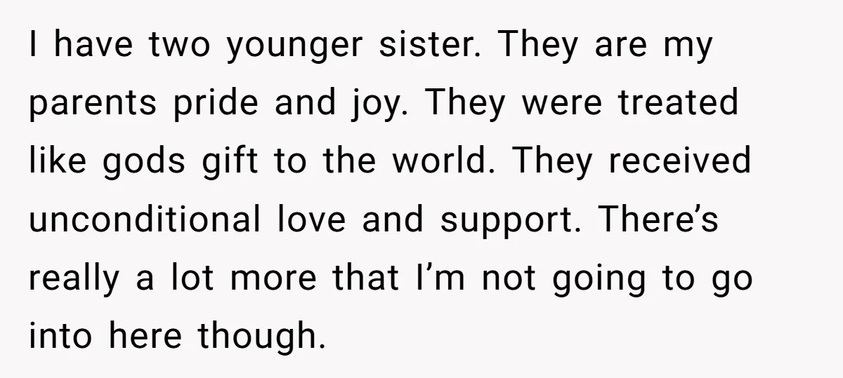 I have two younger sister. They are my parents pride and joy. They were treated like gods gift to the world. They received unconditional love and support. There’s really a...
