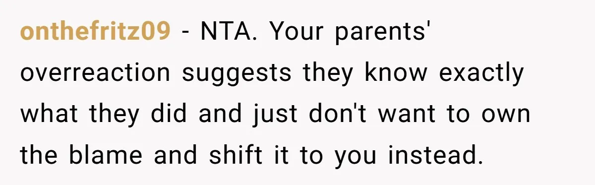 onthefritz09 − NTA. Your parents' overreaction suggests they know exactly what they did and just don't want to own the blame and shift it to you instead.