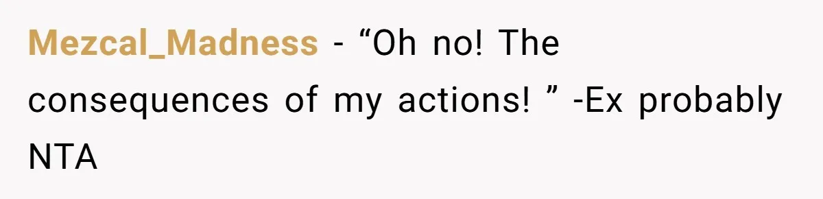 Mezcal_Madness − “Oh no! The consequences of my actions! ” -Ex probably NTA