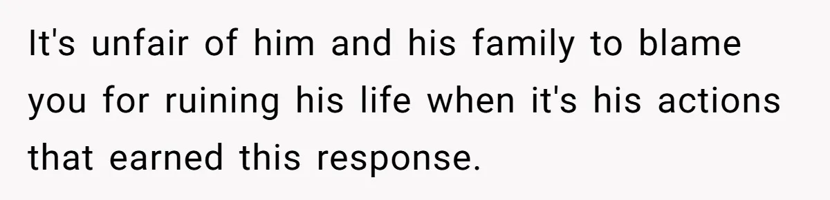 It's unfair of him and his family to blame you for ruining his life when it's his actions that earned this response.
