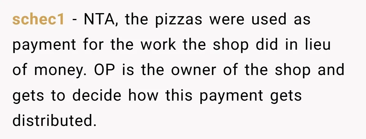 schec1 − NTA, the pizzas were used as payment for the work the shop did in lieu of money. OP is the owner of the shop and gets to decide...