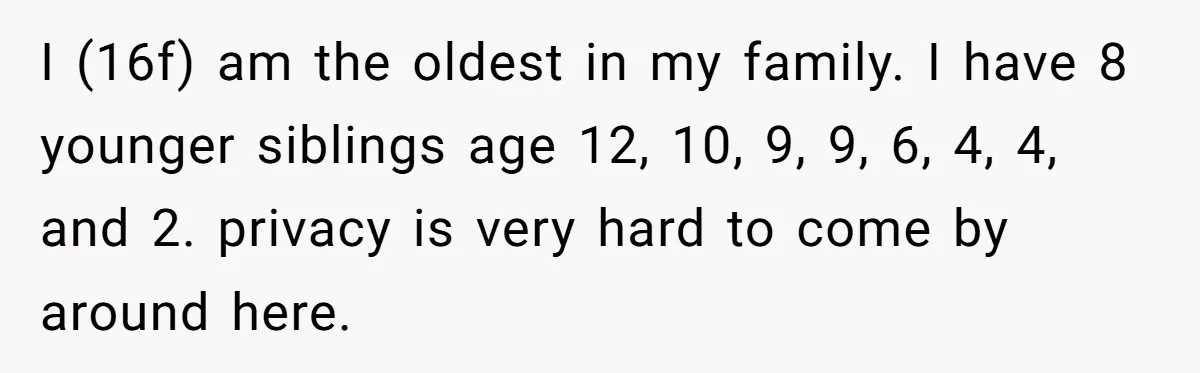 I (16f) am the oldest in my family. I have 8 younger siblings age 12, 10, 9, 9, 6, 4, 4, and 2. privacy is very hard to come by...
