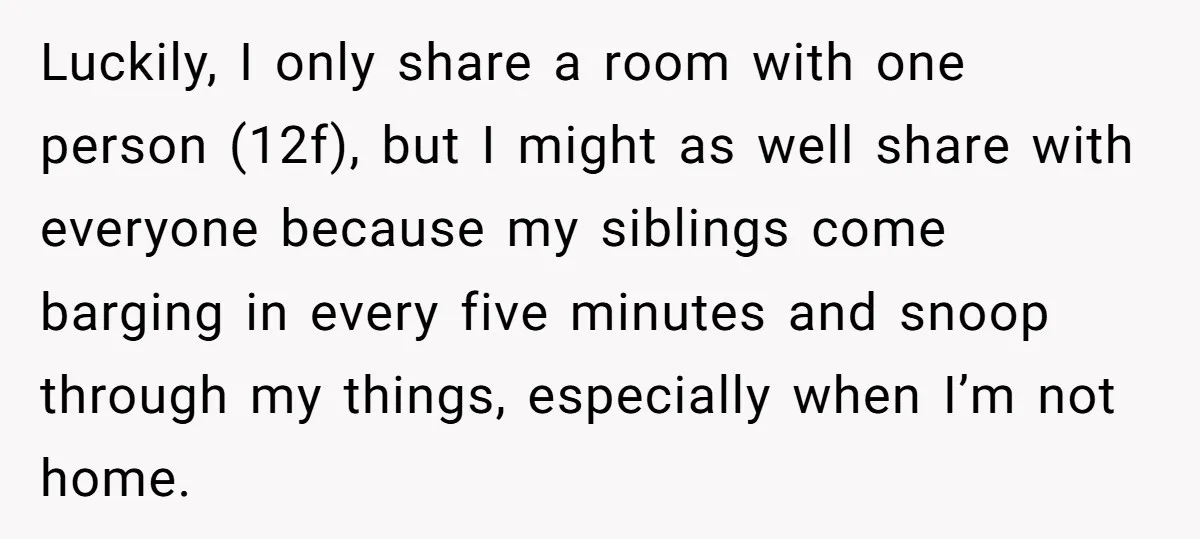 Luckily, I only share a room with one person (12f), but I might as well share with everyone because my siblings come barging in every five minutes and snoop through...