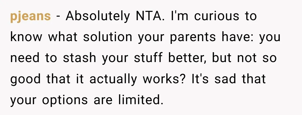 pjeans − Absolutely NTA. I'm curious to know what solution your parents have: you need to stash your stuff better, but not so good that it actually works? It's sad...