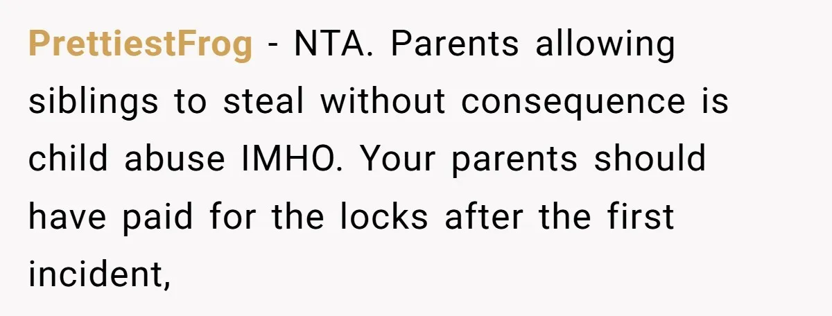 PrettiestFrog − NTA. Parents allowing siblings to steal without consequence is child abuse IMHO. Your parents should have paid for the locks after the first incident,