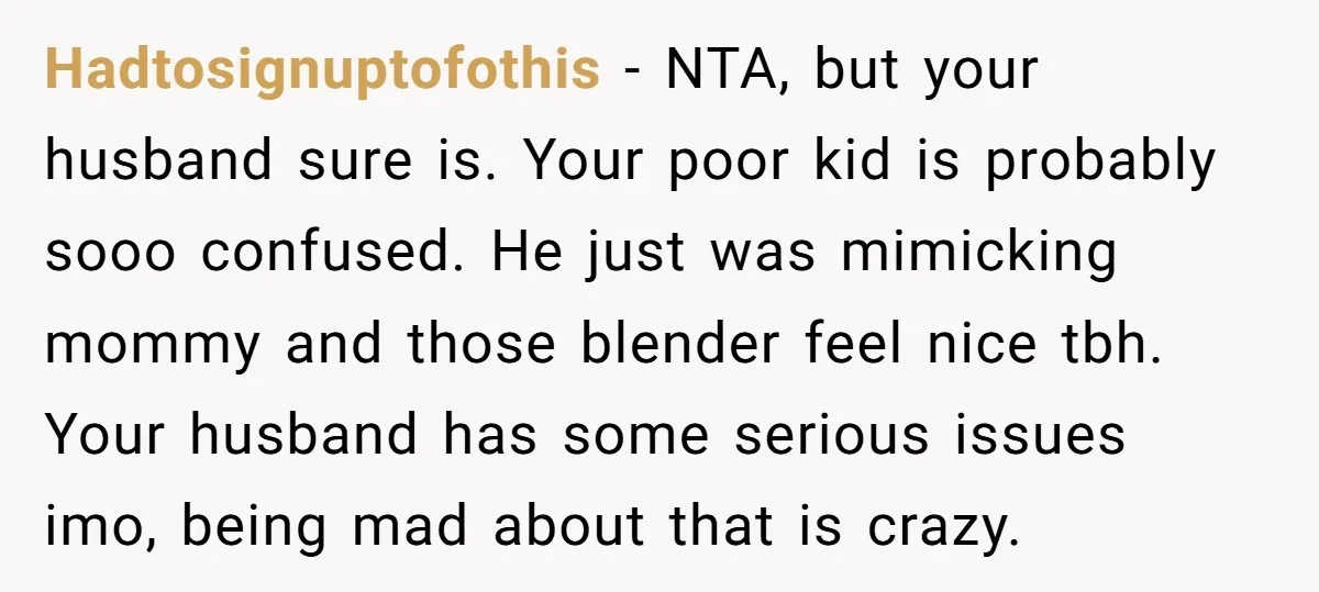 Hadtosignuptofothis − NTA, but your husband sure is. Your poor kid is probably sooo confused. He just was mimicking mommy and those blender feel nice tbh. Your husband has some...