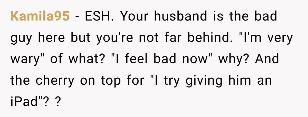 Kamila95 − ESH. Your husband is the bad guy here but you're not far behind. "I'm very wary" of what? "I feel bad now" why? And the cherry on top...