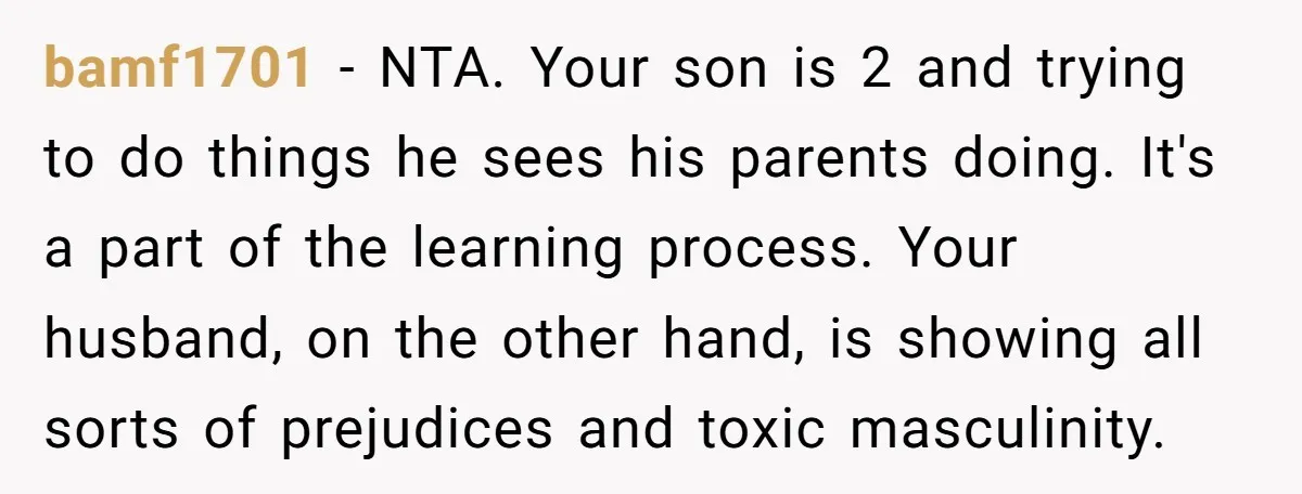 bamf1701 − NTA. Your son is 2 and trying to do things he sees his parents doing. It's a part of the learning process. Your husband, on the other hand,...