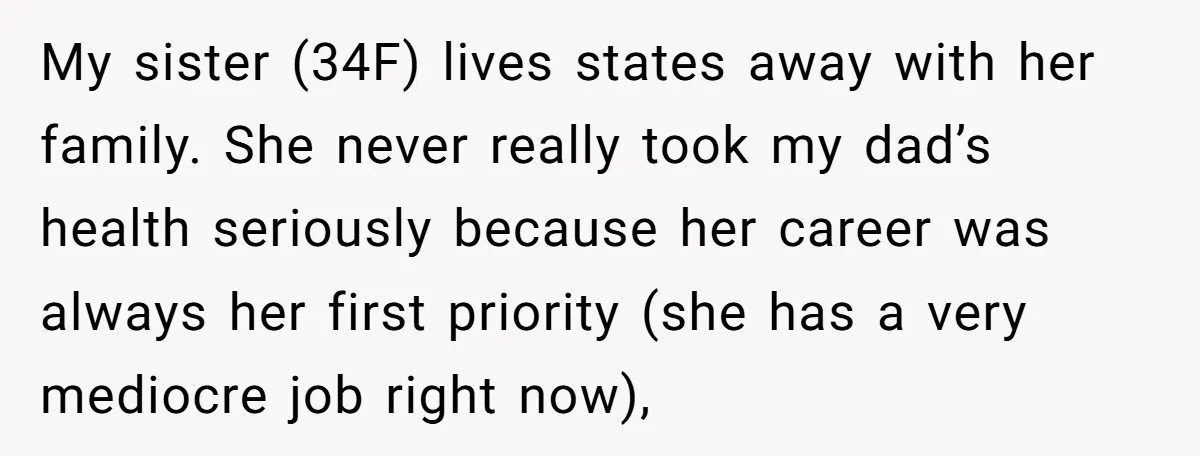 My sister (34F) lives states away with her family. She never really took my dad’s health seriously because her career was always her first priority (she has a very mediocre...