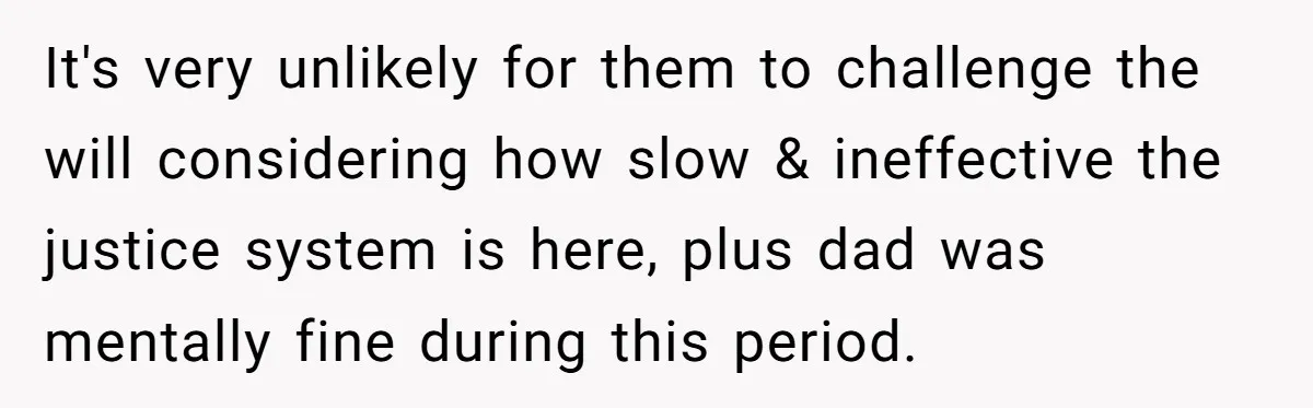 It's very unlikely for them to challenge the will considering how slow & ineffective the justice system is here, plus dad was mentally fine during this period.