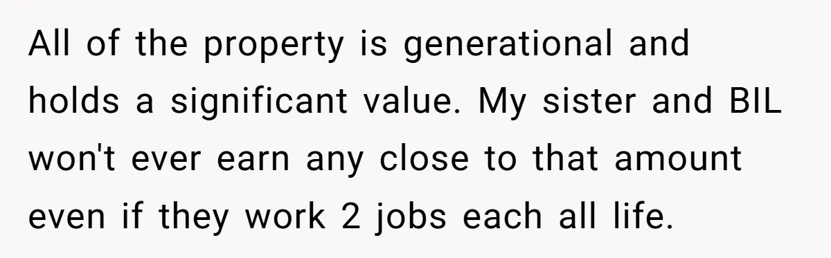 All of the property is generational and holds a significant value. My sister and BIL won't ever earn any close to that amount even if they work 2 jobs each...