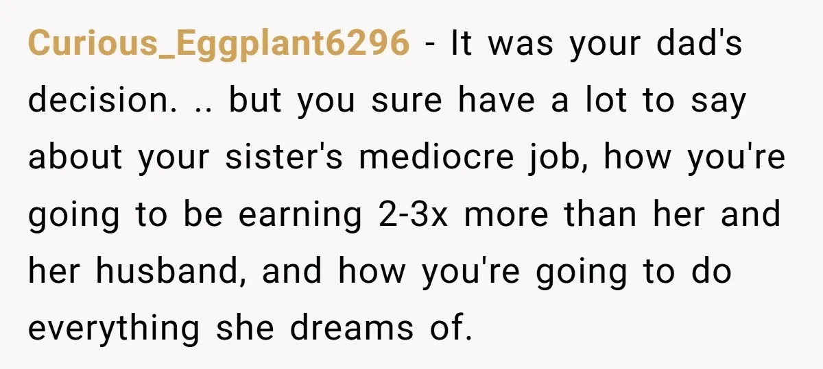 Curious_Eggplant6296 − It was your dad's decision. .. but you sure have a lot to say about your sister's mediocre job, how you're going to be earning 2-3x more than...