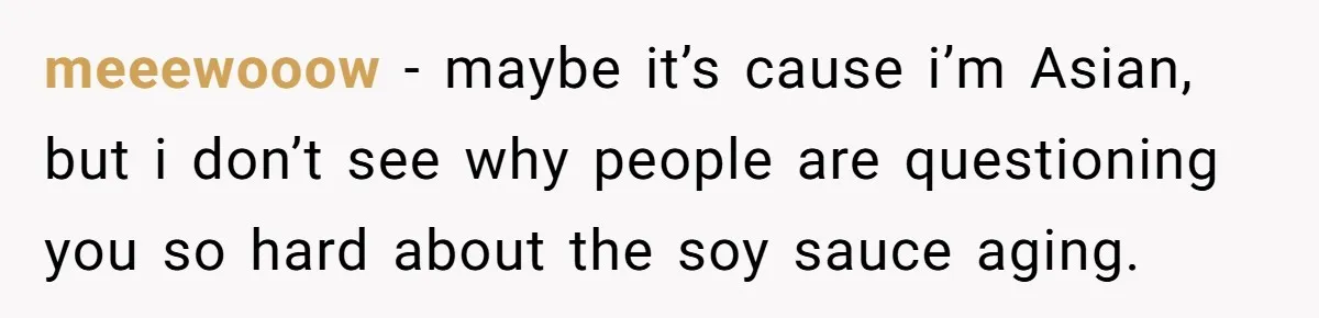meeewooow − maybe it’s cause i’m Asian, but i don’t see why people are questioning you so hard about the soy sauce aging.